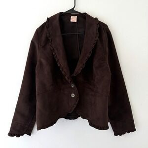 Faded Glory Brown Faux Suede Ruffle Jacket Blazer XL Cottagecore Boho Y2K